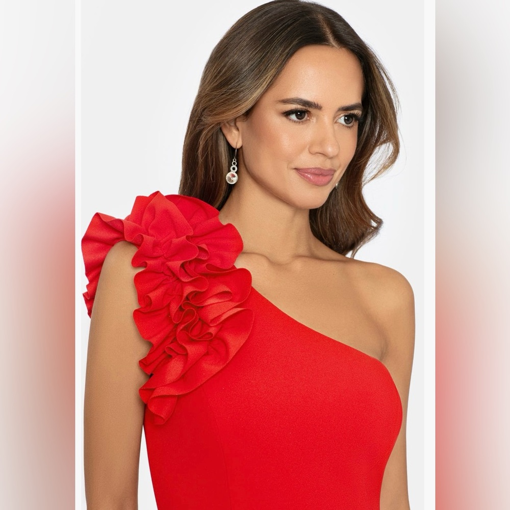 Escape Evenings - Ruffle One-Shouder Scuba. Crepe Gown